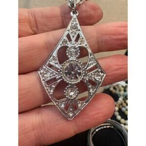 Vintage Monet Rhinestone Pendant Necklace Silver Tone Art Deco Style